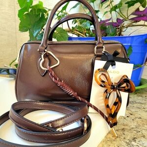 ALDO Shiny Brown Tote Handbag With Leopard Hair Clip Bag Charm